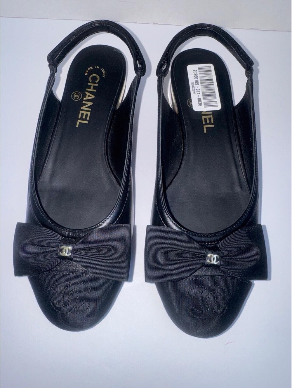 Chanel Lambskin Grosgrain Bow CC Cap‑Toe Slingback Flats —  Size 37 1/2